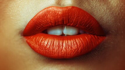  A tight shot of a woman's lips, adorned with bold, scarlet lipstick A smudge of the same hue erroneously graces her left cheek In