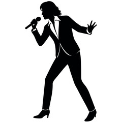 A singer Dance Pose with singing holding a microphone in front of mouth vector silhouette, isolated white background