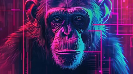 close up of cool and futuristic cyberpunk monkey with wallpaper Image background. Ai generated image