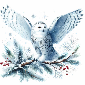 owl snow owl watercolor painting on white background