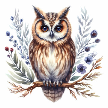 owl snow owl watercolor painting on white background