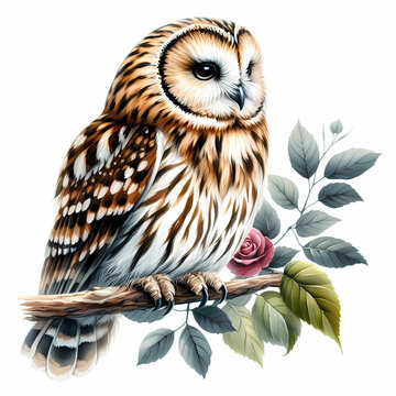 owl snow owl watercolor painting on white background