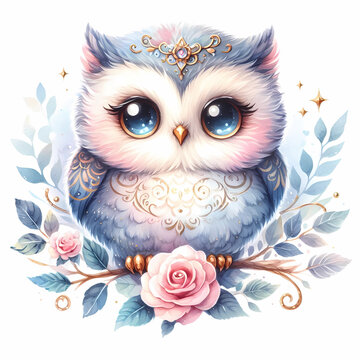 owl snow owl watercolor painting on white background