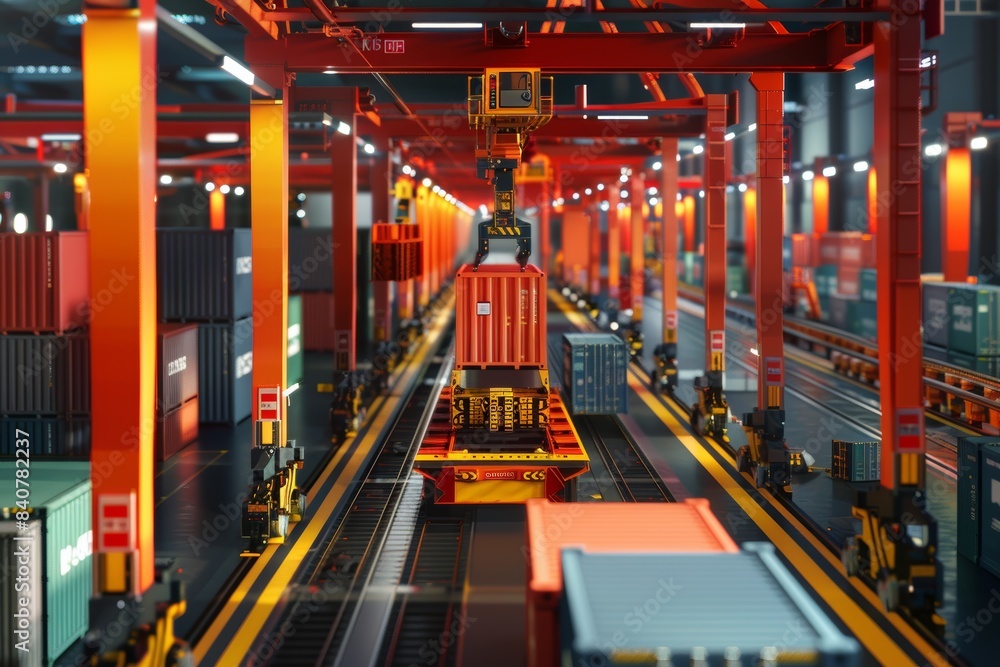 Poster 3d rendering of automated container handling in high-tech port yard for modern shipping logistics