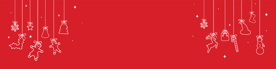 christmas elements hanging red isolated background. Christmas and New year Holiday Decorative Outline Elements. Gift Card Template, Flyer, Layout or Banner Template or Fabric Textile Prints.