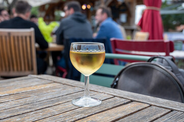 Tasting of Bordeaux white wine, right bank of Gironde Estuary, France. Glasses of white sweet French wine served in outdoor restaurant on oysters farm in Gujan-Mestras, Arcachon bay