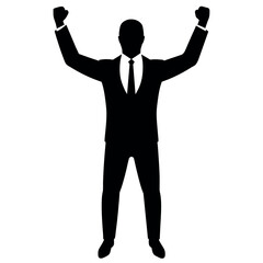 Business man cheers and clenches his fists, vector black color silhouette, isolated white background