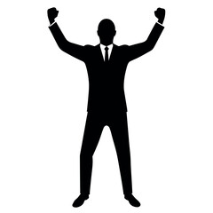Business man cheers and clenches his fists, vector black color silhouette, isolated white background