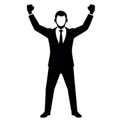 Business man cheers and clenches his fists, vector black color silhouette, isolated white background