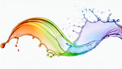 rainbow water or juice wave flow with splatters, isolated realistic liquid swirl 