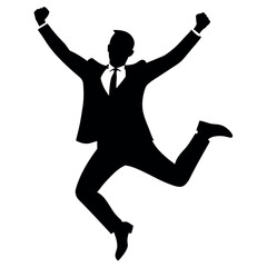 Business man cheers and clenches his fists, vector black color silhouette, isolated white background