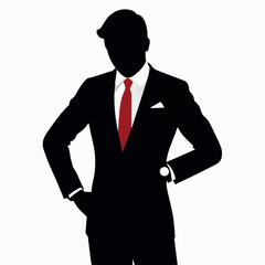 Business man cheers and clenches his fists, vector black color silhouette, isolated white background