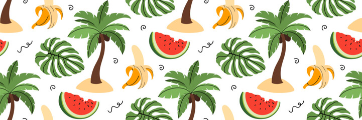 Summer tropical seamless pattern. Watermelon, banana and palm tree. Background with tropical flora.