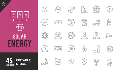 Editable solar power line icon set. Vector illustration: energy technology signs house, cell, battery.