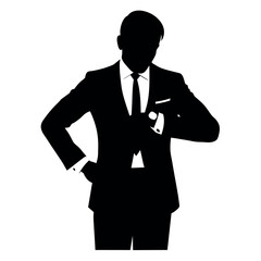 business man in a suit standing and checking time on the wristwatch in a vector silhouette 