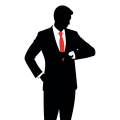 business man in a suit standing and checking time on the wristwatch in a vector silhouette 