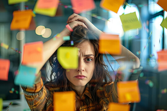 Stressed young businesswoman surrounded by post-its in office