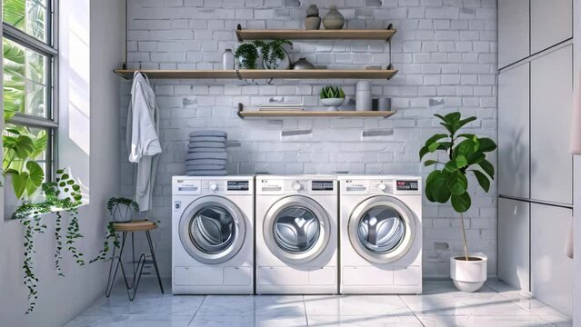 A contemporary washer and dryer are placed in a stylish room setting, A stylish interior with contemporary washers and dryers