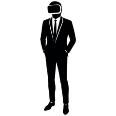 business man stylish standing pose with shoes wearing a VR BOX on the face vector silhouette