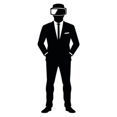 business man stylish standing pose with shoes wearing a VR BOX on the face vector silhouette