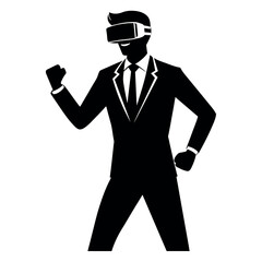 business man stylish standing pose with shoes wearing a VR BOX on the face vector silhouette