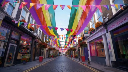 Obraz premium A vibrant street decorated with colorful banners and flags, capturing a festive atmosphere in an urban setting.