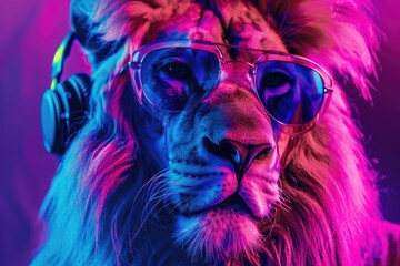 A lion wearing sunglasses and headphones in a close-up shot