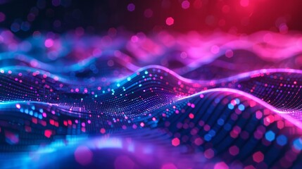 Network technology background, technology and communication, connected dots on 3D wave landscape. Telecommunication, data science, shiny particles, cyberspace, metaverse concept. hyper realistic 