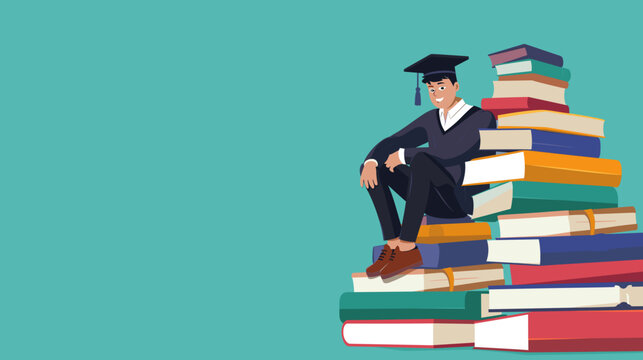 copy space, vector illustration, cartoon style, university student with graduation hat on top of a pile of study books, confident. Graduated student, big achievement, successful study.