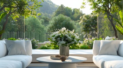 Open area with white sofas and cofee table with big vase of flowers between them, rest place outside with green forest on background, luxury resort concept hyper realistic 