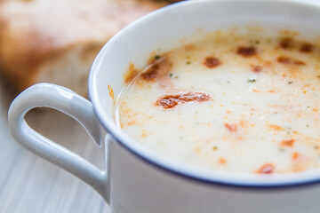 Top View of Traditional Turkish Yoghurt Soup with a Creamy Texture and Sprinkled Spices
