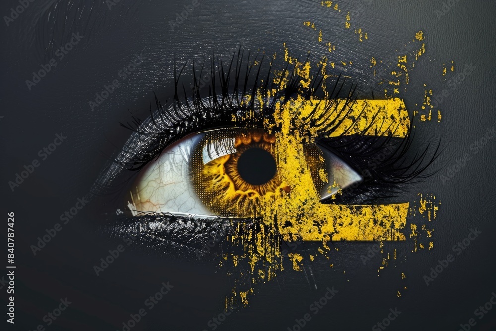 Poster a close-up shot of an eye with yellow paint applied to the lid and surrounding area