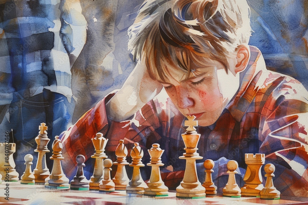 Poster A boy sitting at a table playing a game of chess, focused on the board