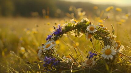 Beautiful floral circlet with chamomile and violet bluebel
