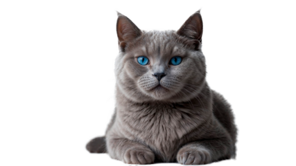 A Russian cat with blue eyes is lying on a white background.