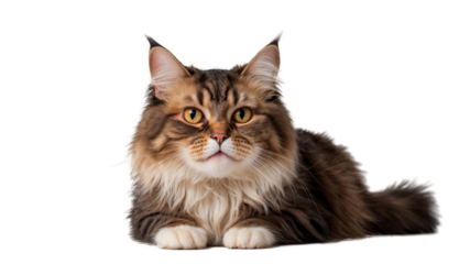 A Persian cat with long fur is lying on a white background.