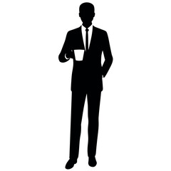 business standing with professional outfit, holding a cup of tea with cheers mode, vector silhouette