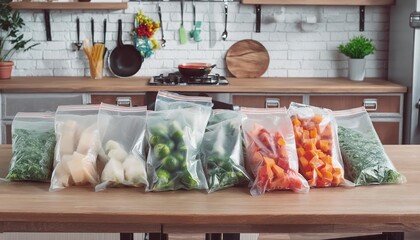 various frozen vegetables in vacuum plastic bags on the table in the kitchen. stock of vegetables for the winter - Powered by Adobe