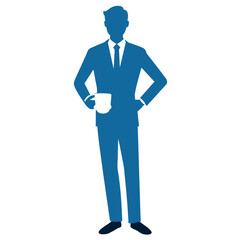 business standing with professional outfit, holding a cup of tea with cheers mode, vector silhouette