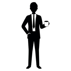 business standing with professional outfit, holding a cup of tea with cheers mode, vector silhouette