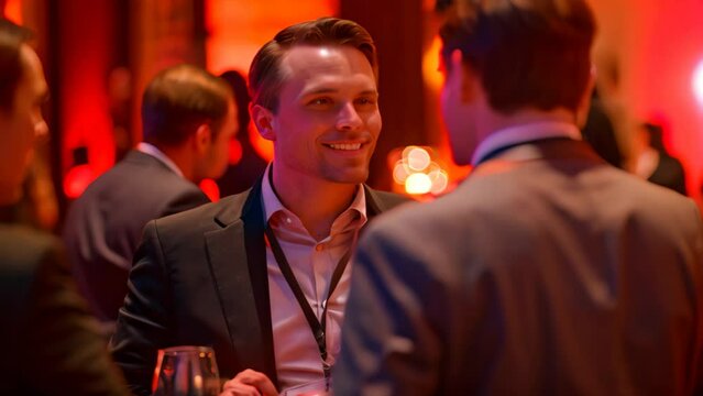 Successful business executives engaged in networking and conversation around a table, A successful business executive networking at a prestigious industry event