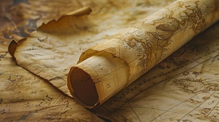 Fototapeta premium Historical Map: A yellowed historical map is rolled up in an old scroll. Worn-out details on its surface carry the traces of the past 