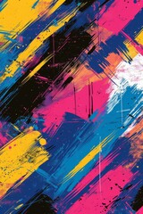 Obraz premium Abstract Diagonal Brush Strokes in Yellow, Blue, Pink, and Black