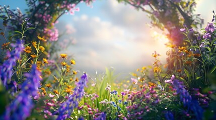 Obraz premium Beautiful floral circlet with chamomile and violet bluebel