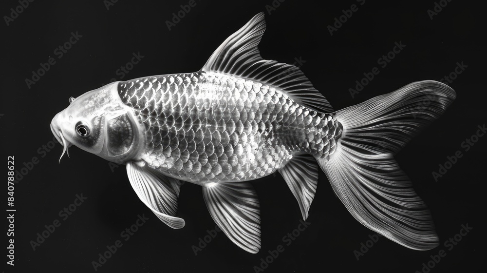Poster A close-up shot of a fish in monochrome tones, ideal for use in editorial or commercial contexts where a simple yet striking visual is required