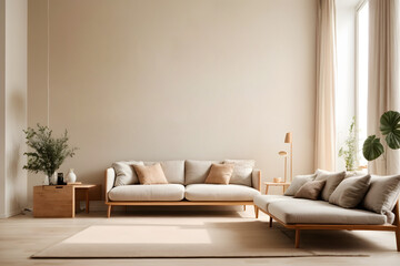 Modern minimalist composition of wall mockup, living room interior, 3d render