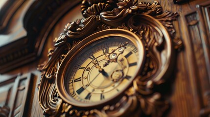 Obraz premium Old Clock: An antique mantle clock, adorned with carved wooden details and gold plating, is elegantly displayed