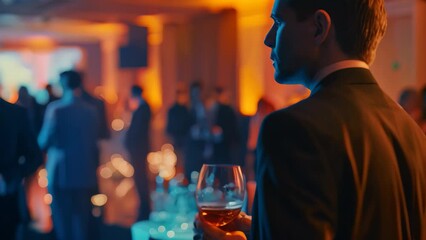 A man in a business suit holding a glass of wine at a lively party, networking and socializing with others, A successful business executive networking at a prestigious industry event