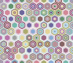 Geometric template background. Geometric elements of varied style and color. Hexagonal shapes. Tileable pattern. Seamless background. Lively vector illustration.