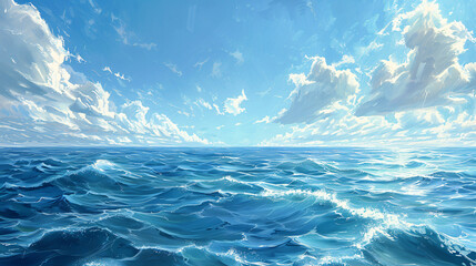 Serene Blue Ocean with Volumetric Rendering and Clear Skies - Tranquil Seascape with Realistic Waves and Clouds
